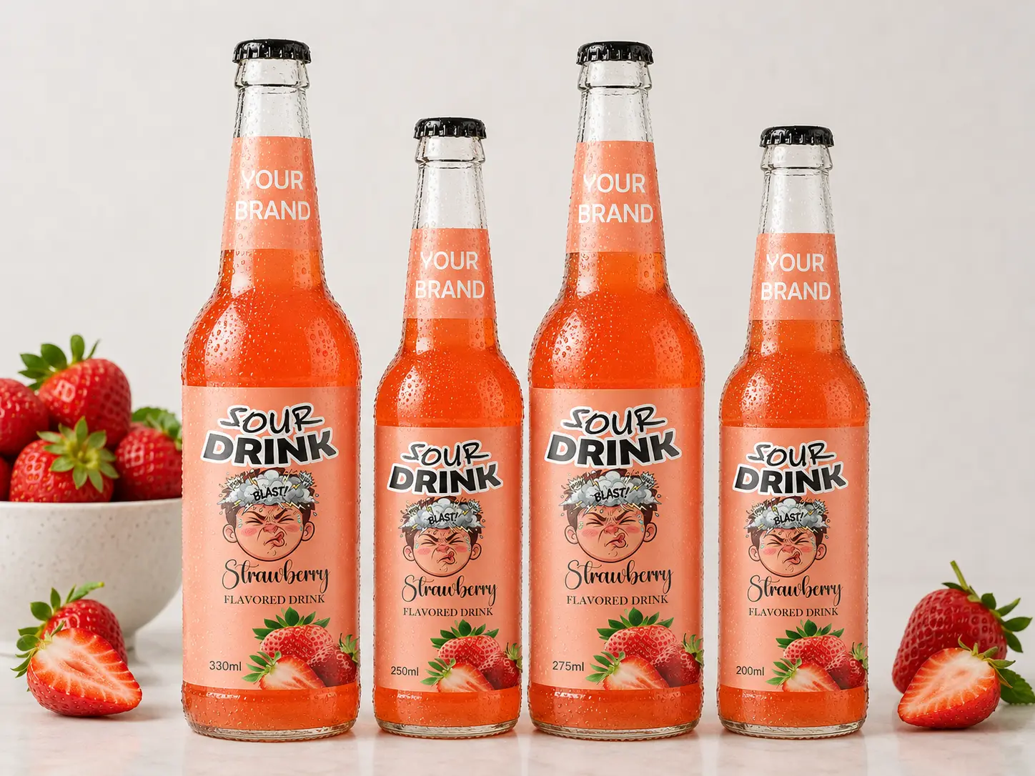 SOUR DRINK Strawberry Flavored Drink in 330ml, 250ml, 275ml, and 200ml glass bottles.